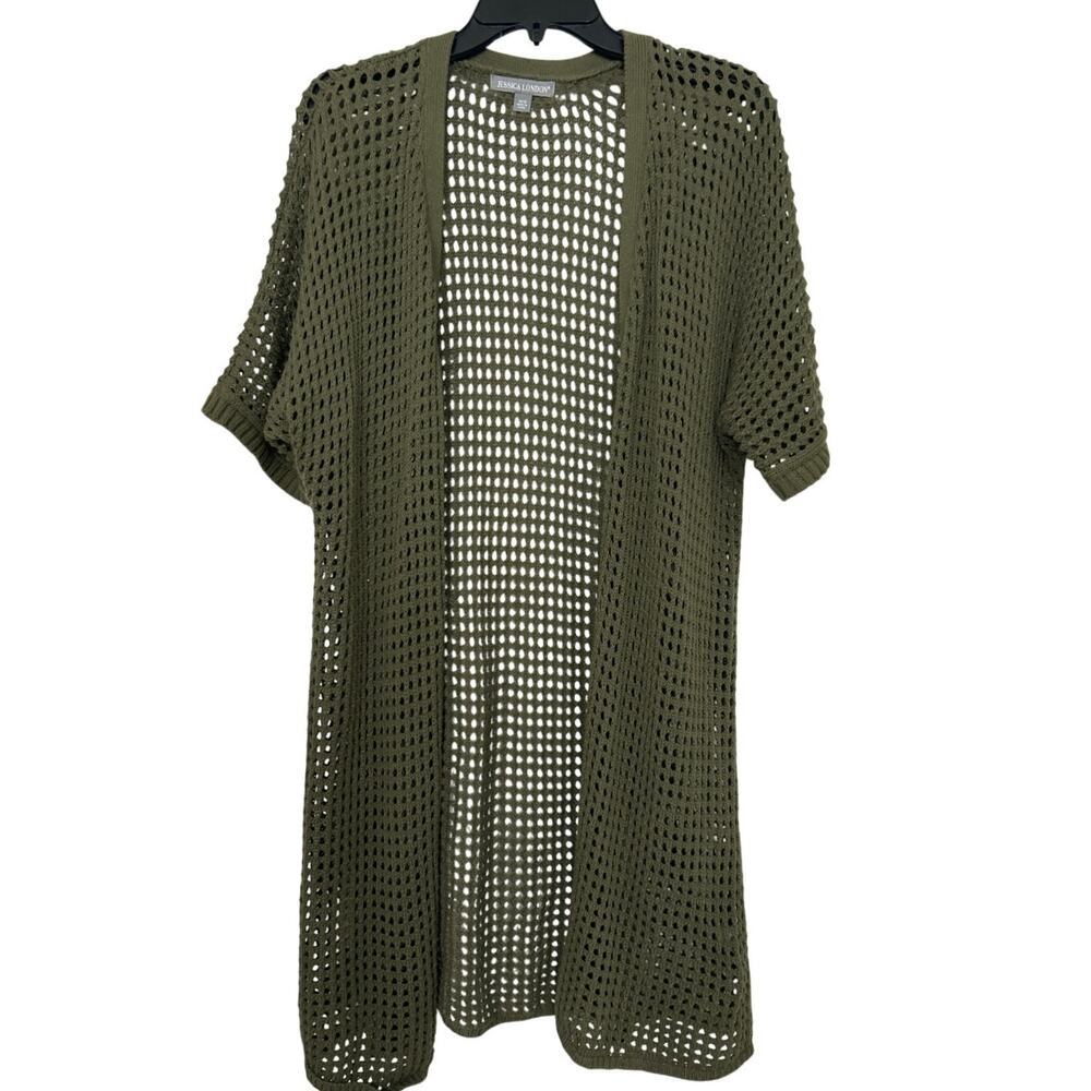 Jessica London Open Knit Cotton Long Cardigan 14/16 Olive Green Boho Earthy